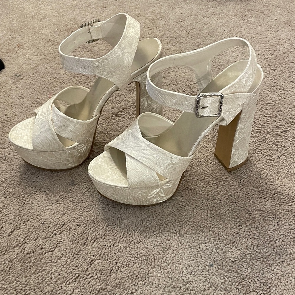 Elegant Ivory White Lace Platform Heels